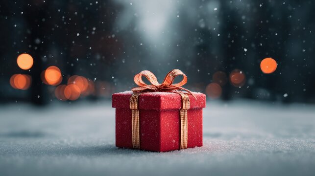 Festive red gift box in a snowy winter scene with bokeh lights