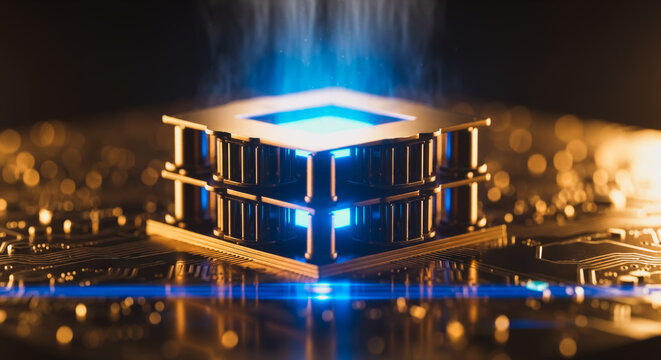 A futuristic close-up showcases a central processing unit (CPU) illuminated with cool blue light, representing technological advancement.