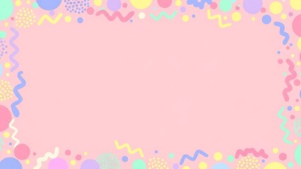 Whimsical pastel pink background with a vibrant, playful border of colorful geometric shapes and squiggles, perfect for festive celebrations, invitations, or cheerful design projects