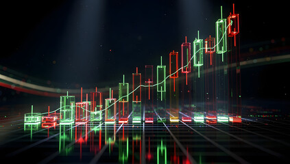 Futuristic 3D glowing candlestick chart with neon green and red candles on a dark holographic grid, cinematic lighting, reflections, and deep atmosphere. AI Generated.