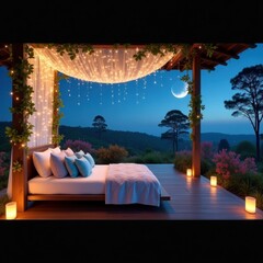 Romantic outdoor bedroom under starry night sky with crescent moon