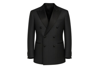 Elegant black double-breasted tuxedo jacket isolated on transparent background
