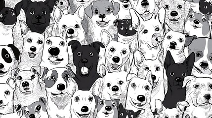 An intricate black and white pattern composed of numerous dog faces, depicting a playful and lively crowd of different canine companions in a detailed, artistic style