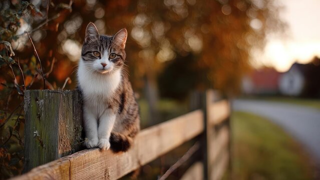 A tabby cat perched on a weathered wooden fence beside a quiet rural road at sunset. Concept Tabby cat on weathered wooden fence, Quiet rural road at sunset, Warm golden hour lighting - Powered by Adobe