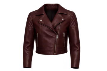 Maroon leather biker jacket isolated on transparent background, elegant and modern
