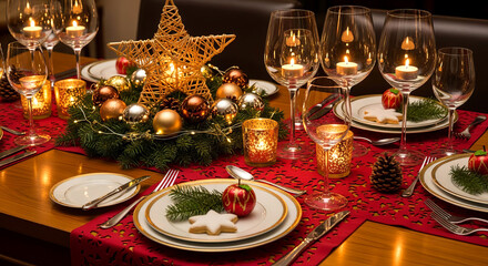 Elegant Christmas Dinner Table Setting with Candles, Ornaments and Red-Gold Decor
