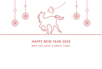 2026年午年ラインデザイン　馬と千鳥と菊飾りのおしゃれな年賀状