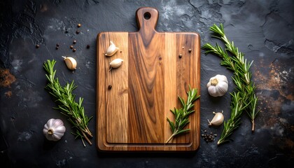 Rustic Wooden Cutting Board with Garlic and Rosemary
