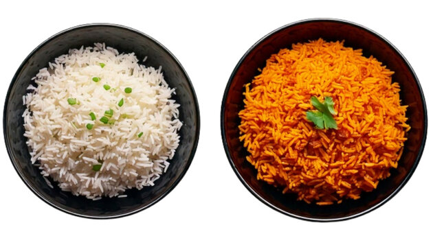 Top view kadamba rice in dark ceramic bowl dual variation food bundle isolated on transparent background