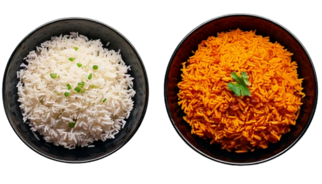 Top view kadamba rice in dark ceramic bowl dual variation food bundle isolated on transparent background