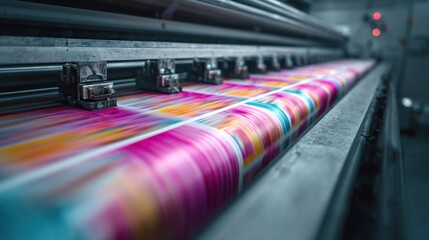 High-speed printing press in action, producing colorful printed materials