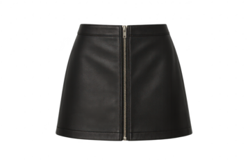 Stylish black faux leather skirt with zipper isolated on transparent, chic look