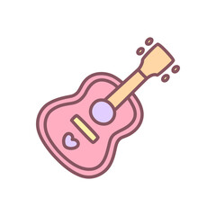 Cute guitar icon. Hand drawn illustration of a pink acoustic guitar isolated on a white background. Kawaii sticker. Vector 10 EPS.