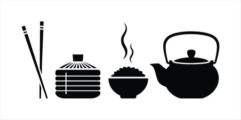 Asian Food Elements Illustration with Chopsticks Tea and Rice Silhouette Design