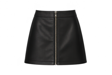 Stylish black faux leather mini skirt isolated on a transparent background.