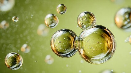 Macro shot of bubbles floating in a green liquid. Concept Macro photography of bubbles, Bubbles in green liquid close-up, Abstract fluid dynamics textures, Close-up science photography