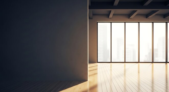 Empty modern room with large windows and wooden floor empty room interior