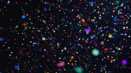Colorful confetti and glitter scattered in a dark background, like a sparkling celebration. Concept Sparkling Night Celebration, Colorful Confetti and Glitter, Dark Backdrop Drama