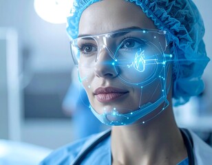 Medical professional wearing smart glasses, looking intently