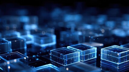 Blue glass cubes arranged on a reflective surface, glowing in a futuristic sci‑fi setting. Concept Blue glass cubes, Reflective surface, Glowing futuristic sci-fi setting, Neon lighting