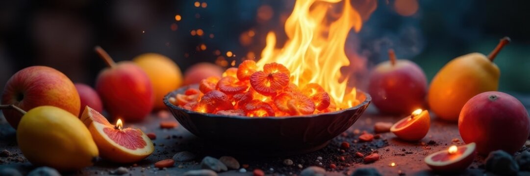 Brightly colored joss paper burns amidst glowing coals and fruit offerings , fake money, Ghost Festival
