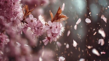 Pink cherry blossoms in full bloom with petals falling softly in a dreamy, sunlit scene. Concept Cherry blossoms in full bloom, Falling petals in a dreamy sunlit scene, Soft pastel spring light