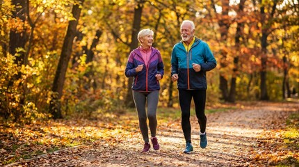 Active senior couple laughing and running on scenic path during golden autumn.
