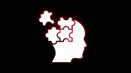 White Silhouette of Human Head Profile with Red Neon Glow and Puzzle Pieces Inside person