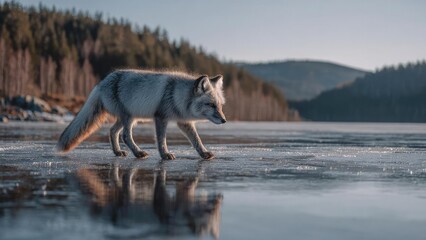 Fototapeta premium A fox walking on a frozen lake, its reflection visible in the ice. Concept Fox on a frozen lake, Reflection in the ice, Winter wildlife portrait, Tranquil snowy landscape, Soft morning light