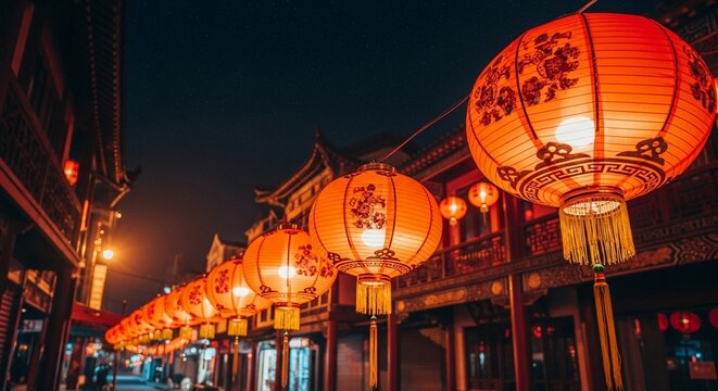 Atmospheric Nighttime View of Chinese Lanterns Illuminating a Traditional Street