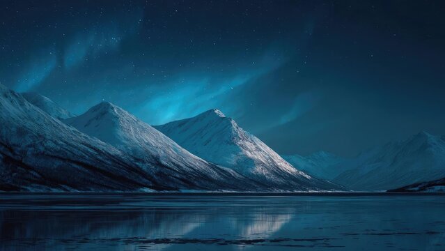 Snow-covered mountains reflected in a calm, icy lake beneath a starry night sky with blue northern lights. Concept Snowy mountain silhouettes, Calm icy lake reflections, Starry night sky