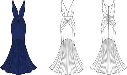 Women's evening gown vector illustration, mermaid silhouette dress flat sketch, deep v-neck, front and back technical drawing template, formal party wear design mockup.