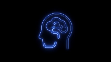Blue Neon Outline of Human Head Profile with Brain Inside on Black Background silhouette