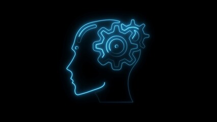 Blue Neon Outline of Human Head Profile with Gears Inside on Black Background silhouette