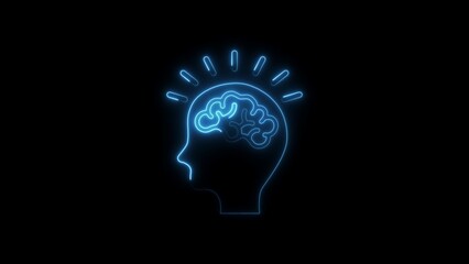 Blue Neon Outline of Human Head with Brain and Light Rays on Black Background neon light