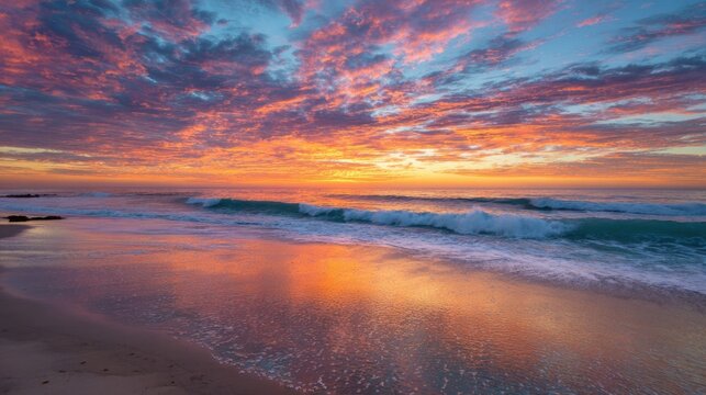 Waves roll gently onto the sandy shore as a colorful sunset fills the sky with oranges pinks and purples creating a serene atmosphere at the beach during twilight.