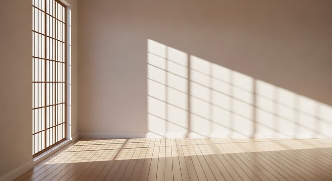 Empty room with large window and sunlight casting grid pattern shadows interior