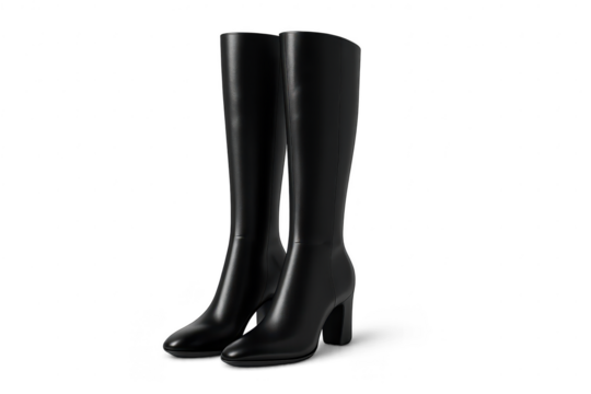 Elegant black leather knee-high boots isolated on transparent background, pair
