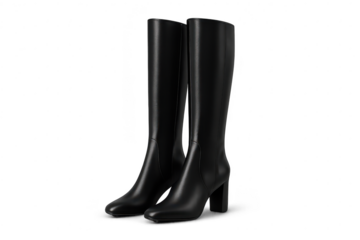 Pair of stylish black leather knee-high boots isolated on transparent background