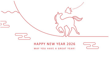 2026年午年ラインデザイン　馬と千鳥と富士山のおしゃれな年賀状