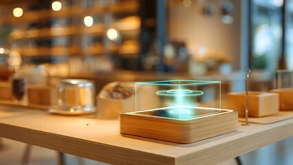 Future retail store showcasing 3D product visualization using holographic light projection. Interactive display allows buyers to examine items before purchasing, enhancing the shopping experience.