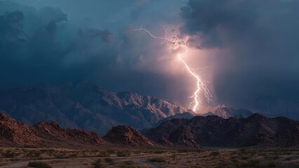 Fototapeta premium Lightning bolts strike over a rugged desert mountain range under a stormy sky. Concept Desert mountains, Dramatic lightning, Stormy sky, Rugged terrain, Epic spectacle