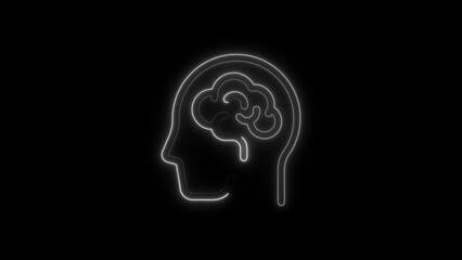 Neon outline of a human head profile with a glowing brain inside on a black background silhouette