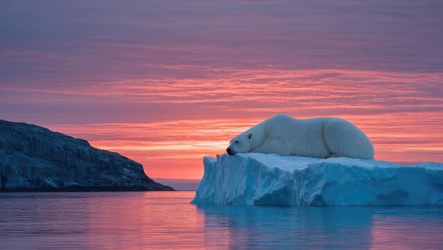 Polar bear sleeping on a floating iceberg at sunset, with a rocky shore and pink-orange sky reflected in the calm Arctic water. Concept Polar Bear on Ice, Sunset Reflections, Arctic Landscape