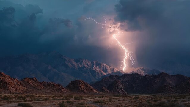 Lightning bolts strike over a rugged desert mountain range under a stormy sky. Concept Desert mountains, Dramatic lightning, Stormy sky, Rugged terrain, Epic spectacle