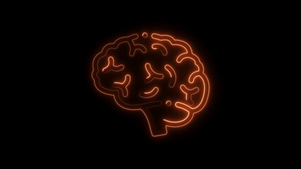 Orange Neon Brain Icon on Black Background symbol