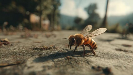 A honey bee on a rough pavement, close-up with its wings spread. Concept Macro shot of a honey bee on rough pavement with wings spread, Close-up of honey bee wings spread against textured pavement