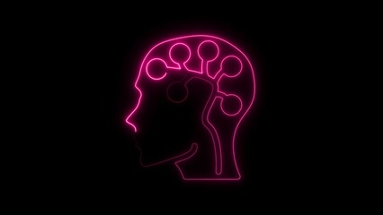 Pink neon human head profile with brain circuit icon glowing on black background image photo