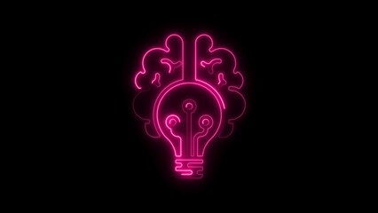 Pink Neon Outline of Brain and Lightbulb Combination Against Black Background idea innovation
