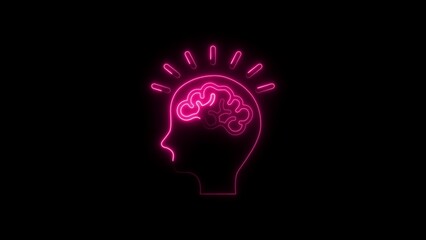 Pink neon outline of a human head with a brain and radiating lines image photo